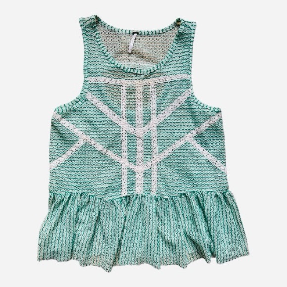 Free People Green/Ivory Lace and Stripe Crochet Peplum Feminine Romantic Tank - Picture 2 of 6